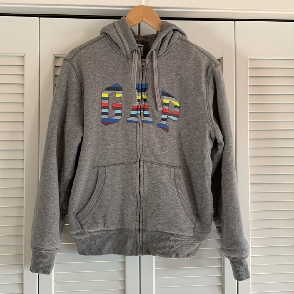 GAP Logo Sherpa Lined Full Zip Sweatshirt Hoodie Unisex Gray Rainbow Size S